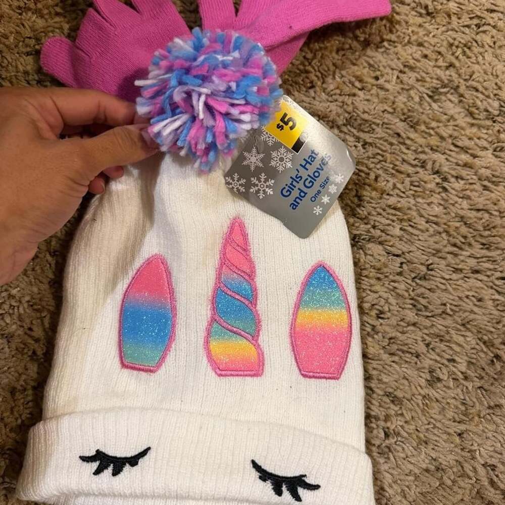 Unicorn Girls' Hat and Gloves One Size White Pink